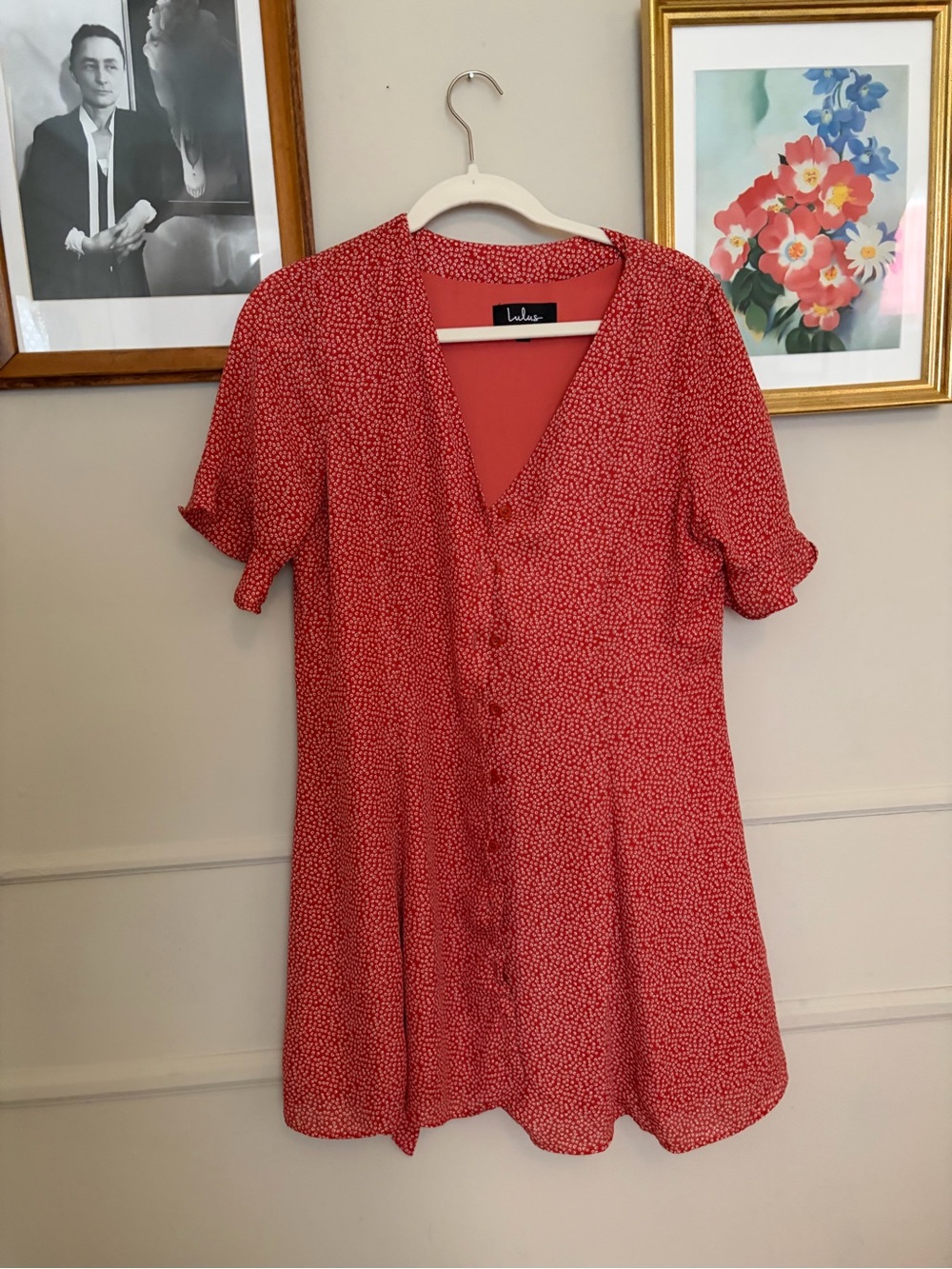 Lulu's Red Button-Front V-Neck Short Sleeve Mini Dress